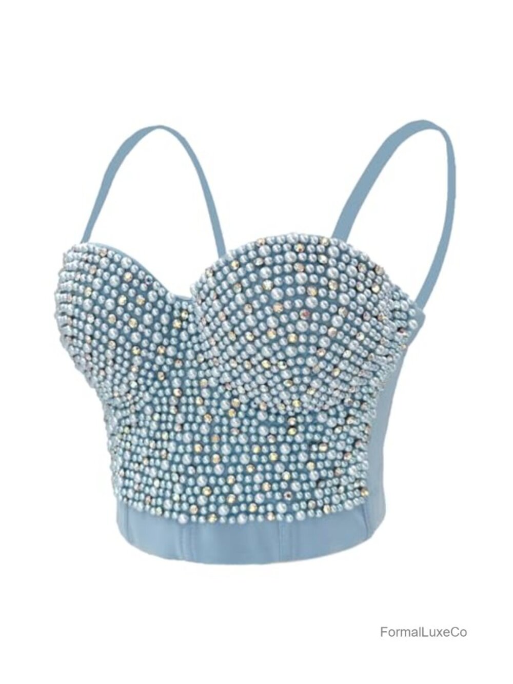 Pearls Beaded Rhinestone Bustier Crop Top Push Up Corset Detachable Straps